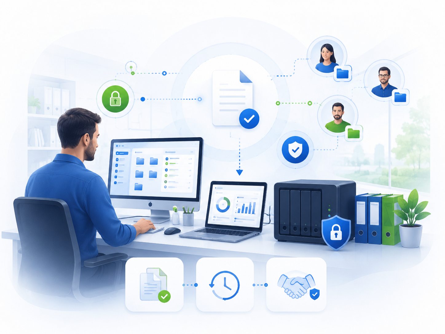 Bureau moderne avec sauvegarde de documents, NAS professionnel et gestion des accès utilisateurs